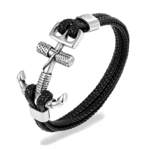 Silver nautical gothic anchor leather bracelet featuring rope chain construction and easy-hook anchor lock mechanism, side angle view