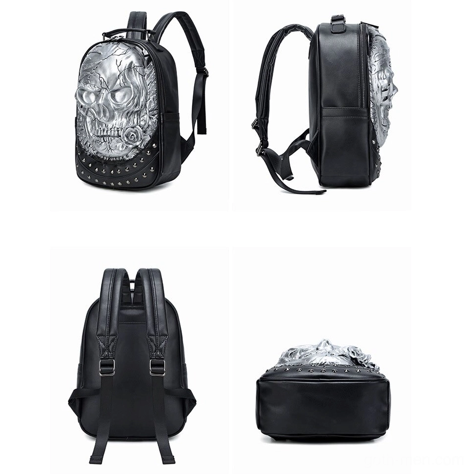 Silver skull backpack multi-angle views including back and top perspectives