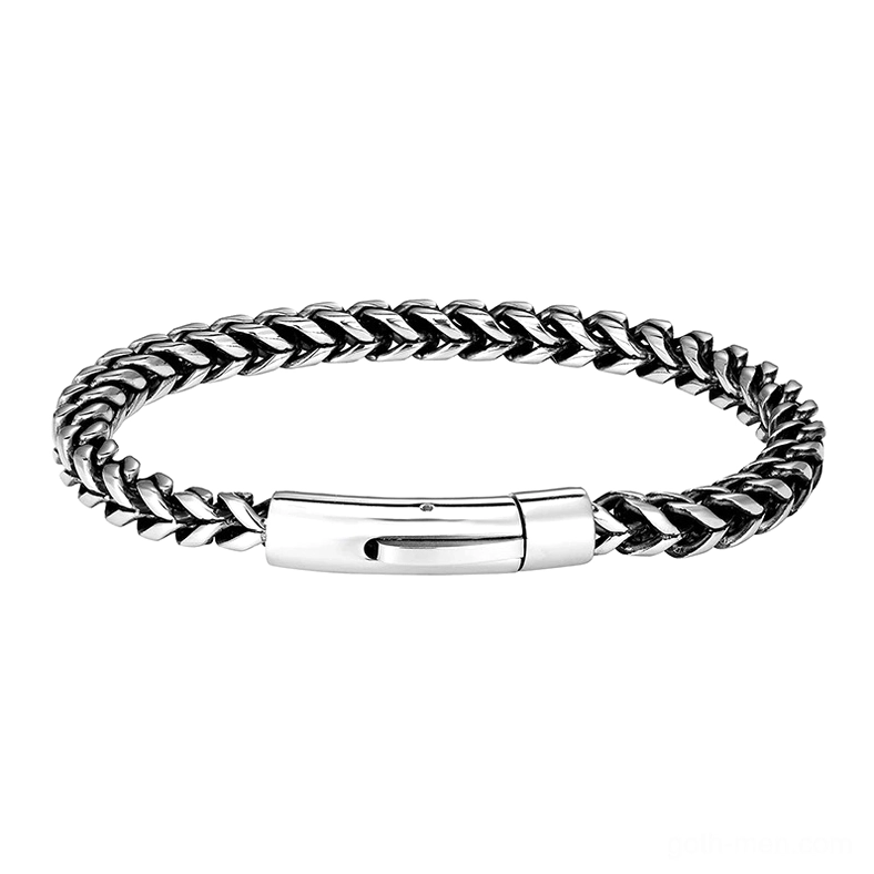 Silver stainless steel gothic link bracelet for men - polished metallic finish flat lay
