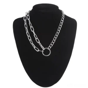 Silver layered gothic chain choker necklace with paperclip style chains and metal ring pendant on black mannequin - alternative fashion jewelry