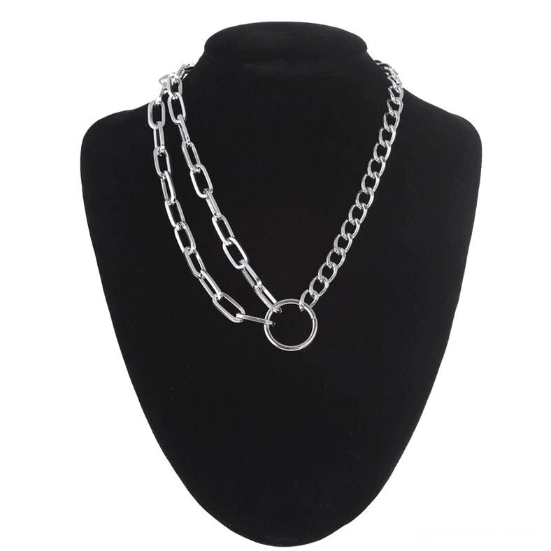Silver layered gothic chain choker necklace with paperclip style chains and metal ring pendant on black mannequin - alternative fashion jewelry