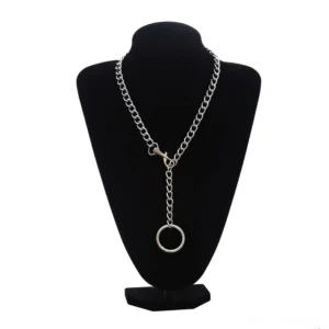 Unisex silver gothic choker necklace with ring pendant, Y-lariat style curb chain, front view on black mannequin