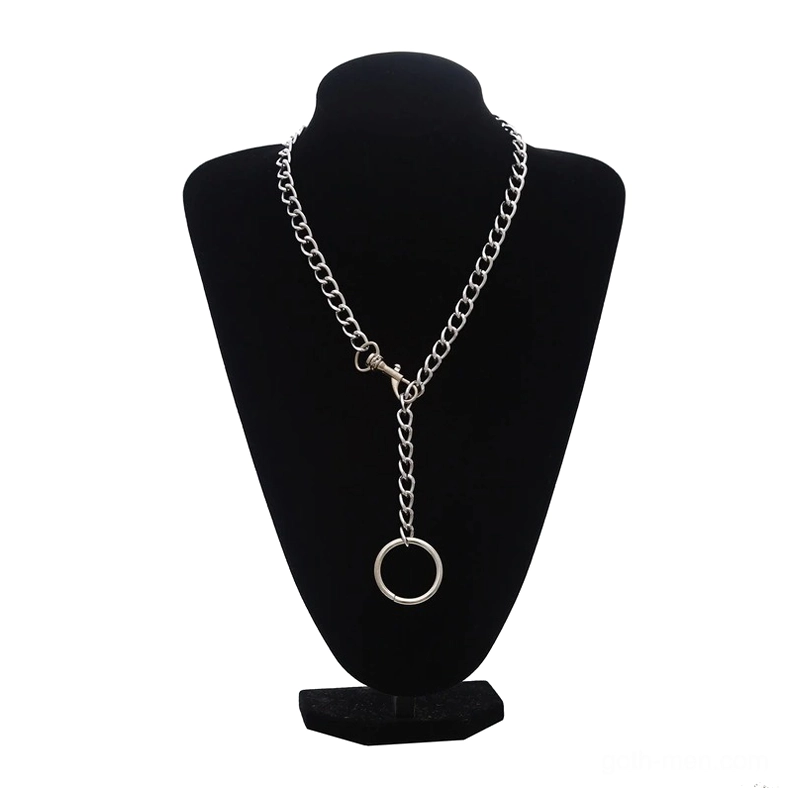Unisex silver gothic choker necklace with ring pendant, Y-lariat style curb chain, front view on black mannequin