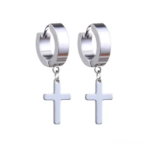Polished silver stainless steel cross drop earrings flat lay - classic gothic pierced huggie design