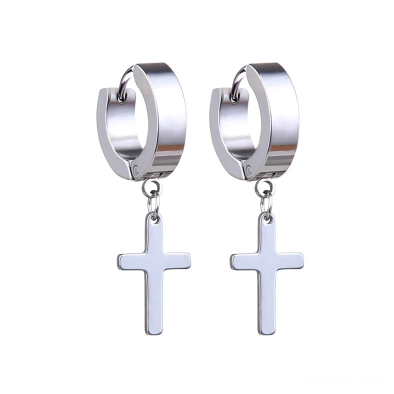 Polished silver stainless steel cross drop earrings flat lay - classic gothic pierced huggie design