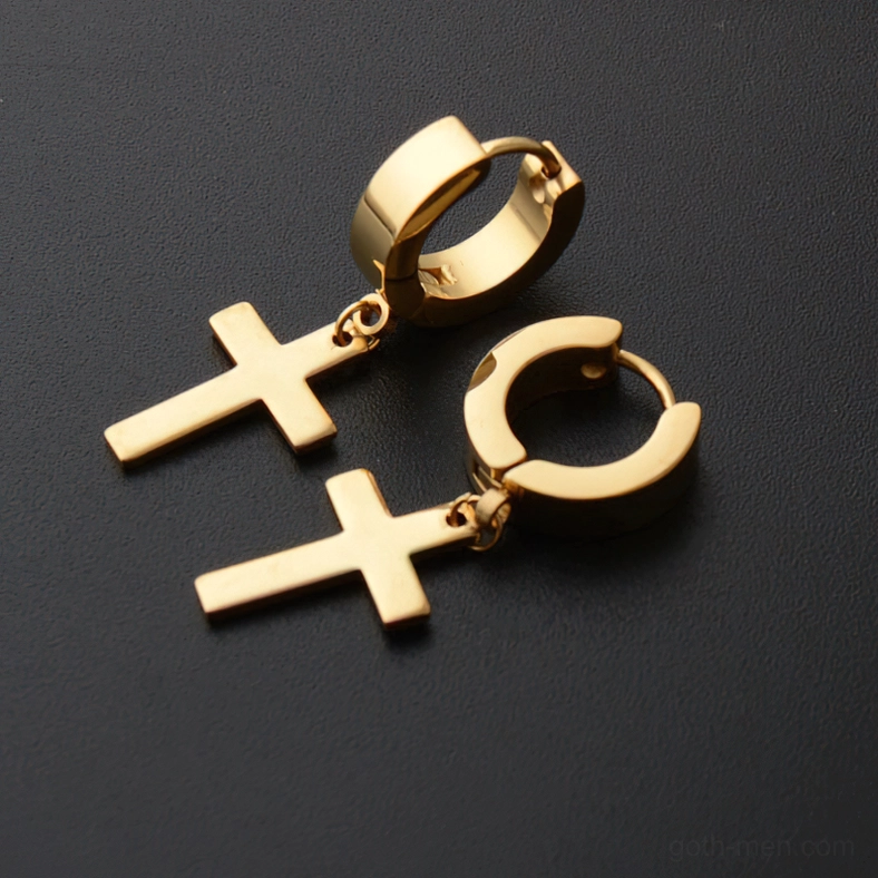 Silver polished stainless steel cross dangle earrings styled - gothic huggie pierced wear