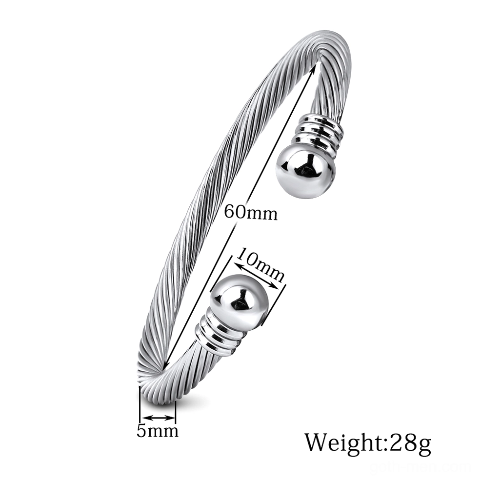 Silver twisted cable open cuff bracelet with measurement dimensions and 28g weight specifications