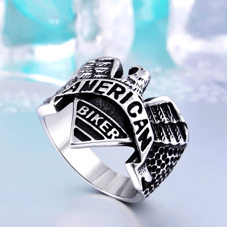 All-silver gothic eagle ring complete view with full band and eagle wing engravings visible