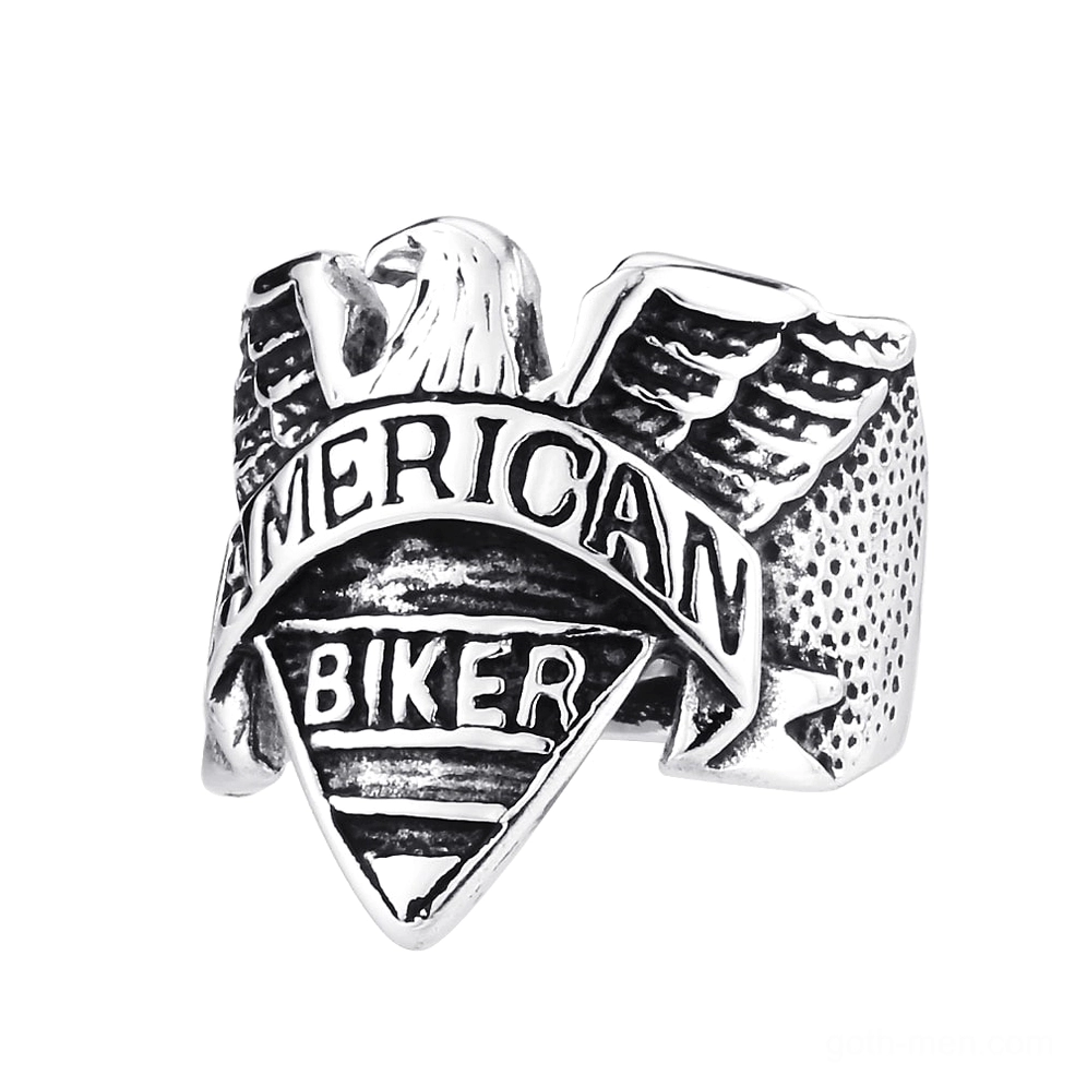 Sterling silver gothic eagle biker ring with detailed wing engravings and band texture on white background