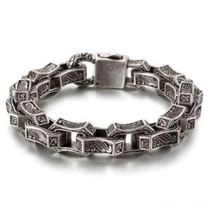 Silver gothic engraved stainless steel chain bracelet with textured links