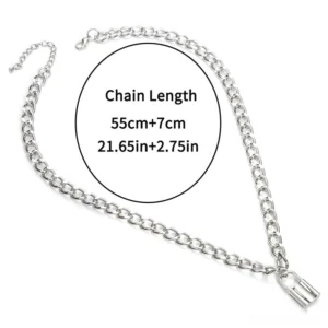 Adjustable silver padlock chain necklace flat lay top-down view showing curb chain link style and padlock pendant detail