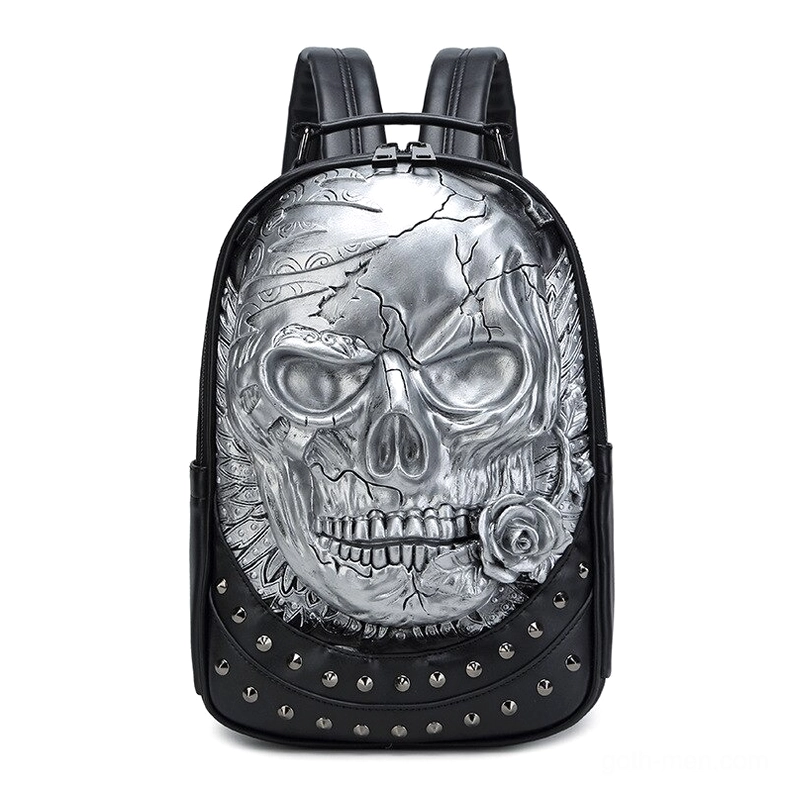 Silver 3D embossed skull backpack with studded bottom edge - goth travel bag