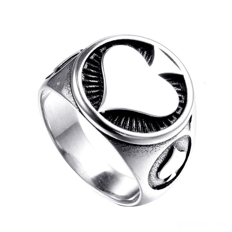 Silver brushed stainless steel gothic spade signet ring, three-quarter oblique view