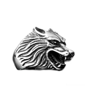 Silver gothic wolf head biker ring with fierce open-mouth design and detailed mane carving on white background