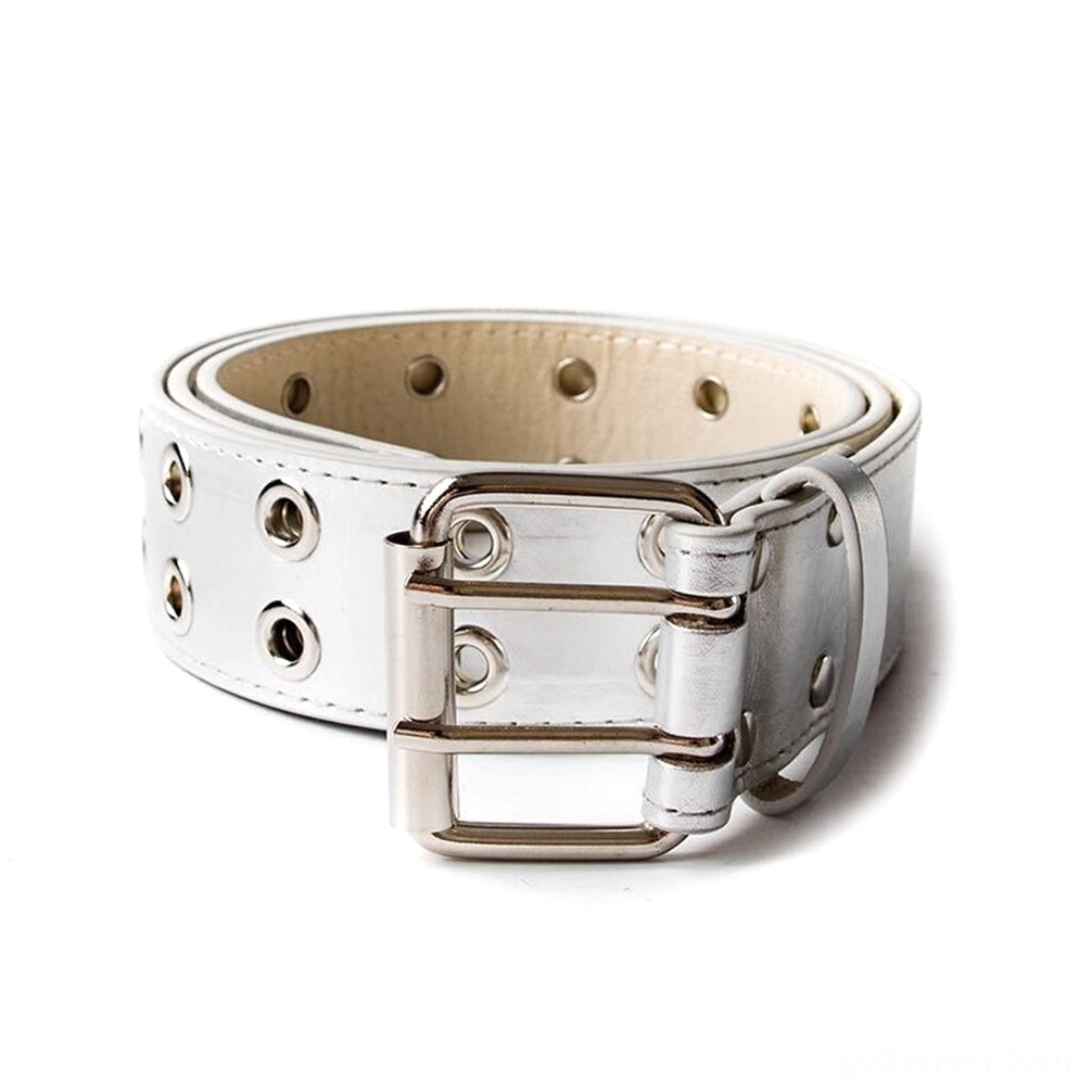 Light silver gray gothic rivet waist belt with dual metal buckles and precision eyelet pattern