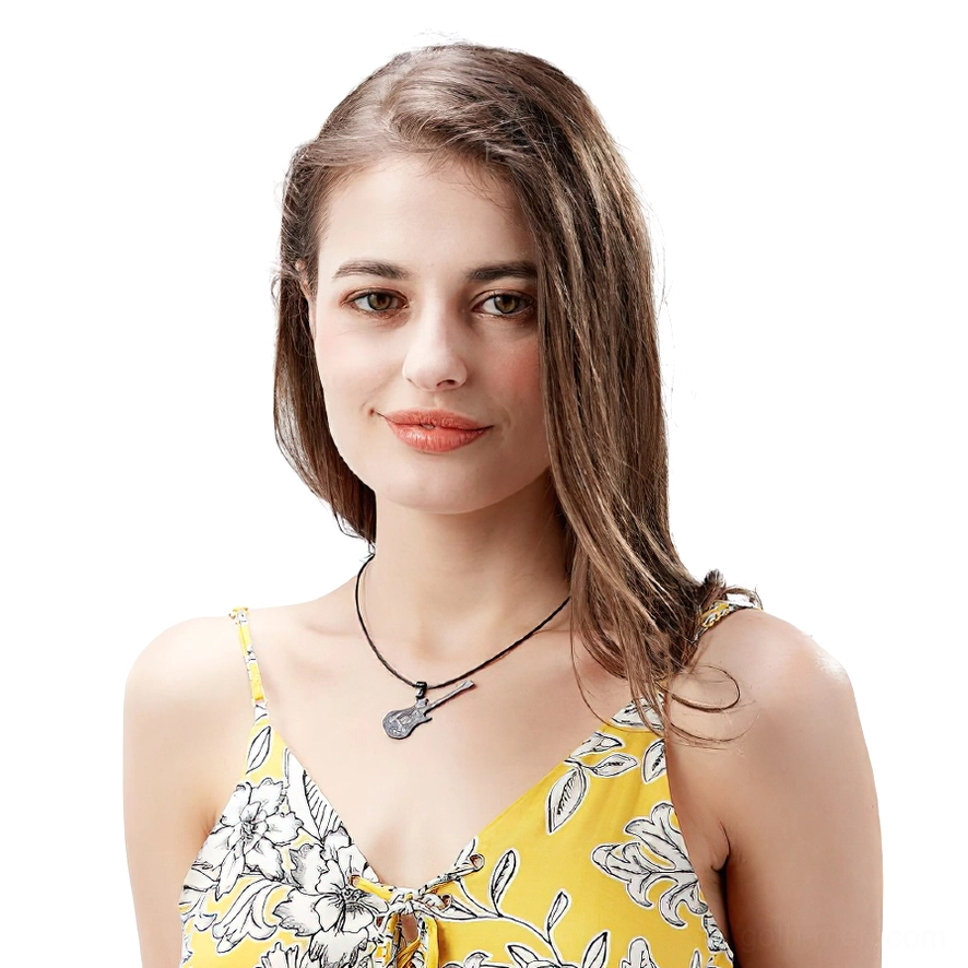 Delicate silver electric guitar pendant necklace worn by female model with floral top