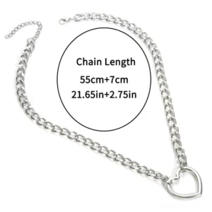 Silver hollow heart gothic pendant necklace laid flat showing total length 55cm plus 7cm extension, lobster claw clasp detail, top-down view