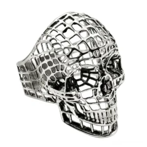 Silver hollow out skull biker ring - left angle view displaying intricate grid framework and gothic design