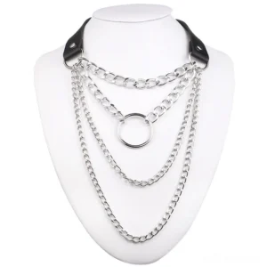 Silver multi-layer chain choker necklace with O-ring pendant, unisex gothic jewelry displayed on white mannequin for goth and industrial style