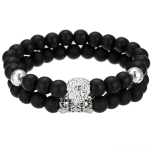 Silver lion head gothic bracelet with black stone beads - alternative fashion jewelry