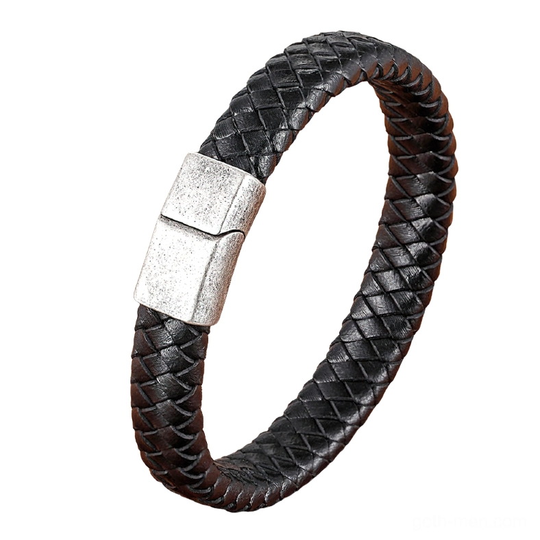 Silver stainless steel magnetic clasp with black braided leather strap, gothic men's bracelet