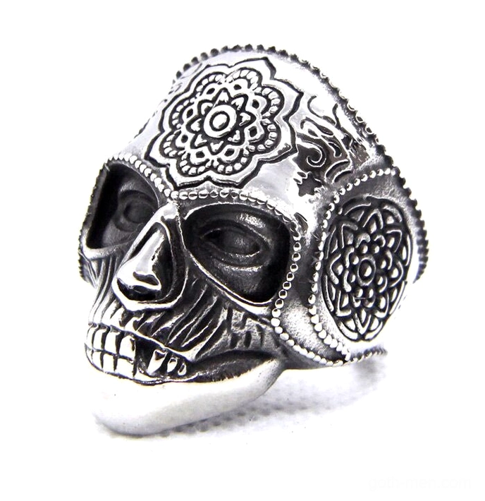Silver mandala sugar skull gothic ring - left front oblique view with intricate mandala and filigree engravings on zinc alloy biker jewelry