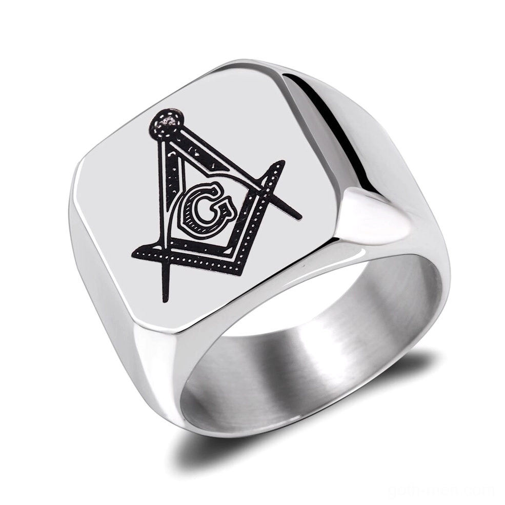 Silver Masonic signet ring with black engraved Freemasonry symbol, unisex gothic stainless steel jewelry