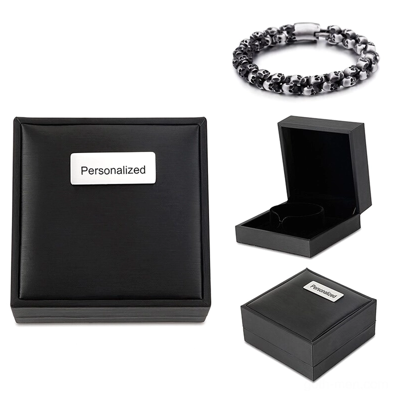 Silver stainless steel small skull link bracelet with gothic aesthetic and matte black presentation box