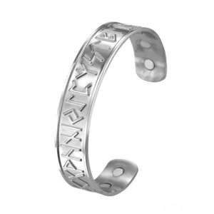 Silver stainless steel Nordic rune magnetic cuff bracelet with embossed Viking rune details, side profile