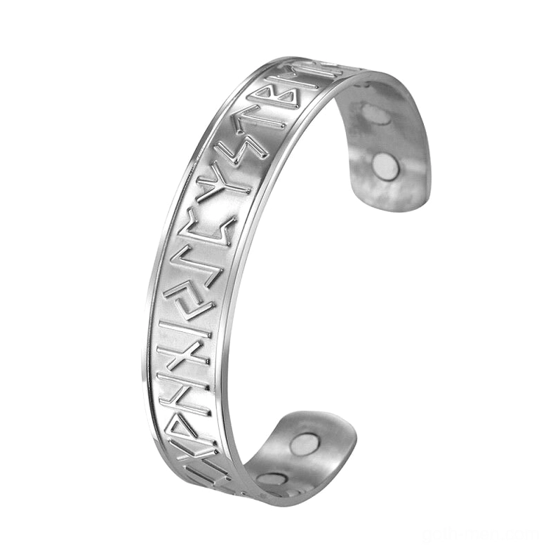 Silver stainless steel Nordic rune magnetic cuff bracelet with embossed Viking rune details, side profile