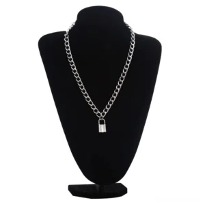 Silver gothic padlock chain necklace displayed on black mannequin front view - alternative fashion choker jewelry