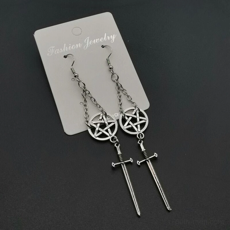 Silver pentagram sword dangle earrings with smooth chain straps - neo-gothic jewelry detail