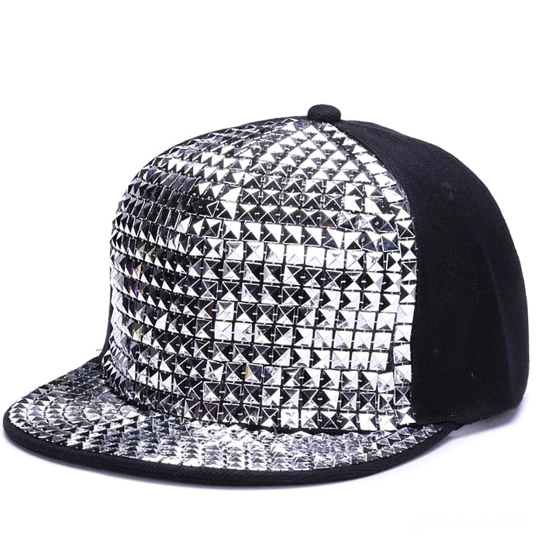 Silver metallic pyramid studded snapback cap with reflective studs, side front view