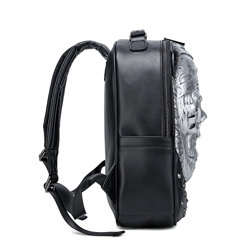 Silver embossed skull backpack side profile - goth aesthetic design detail