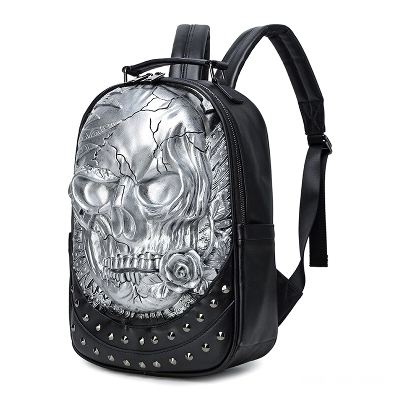 Silver gothic skull backpack three-quarter side view showing adjustable straps - alternative bag