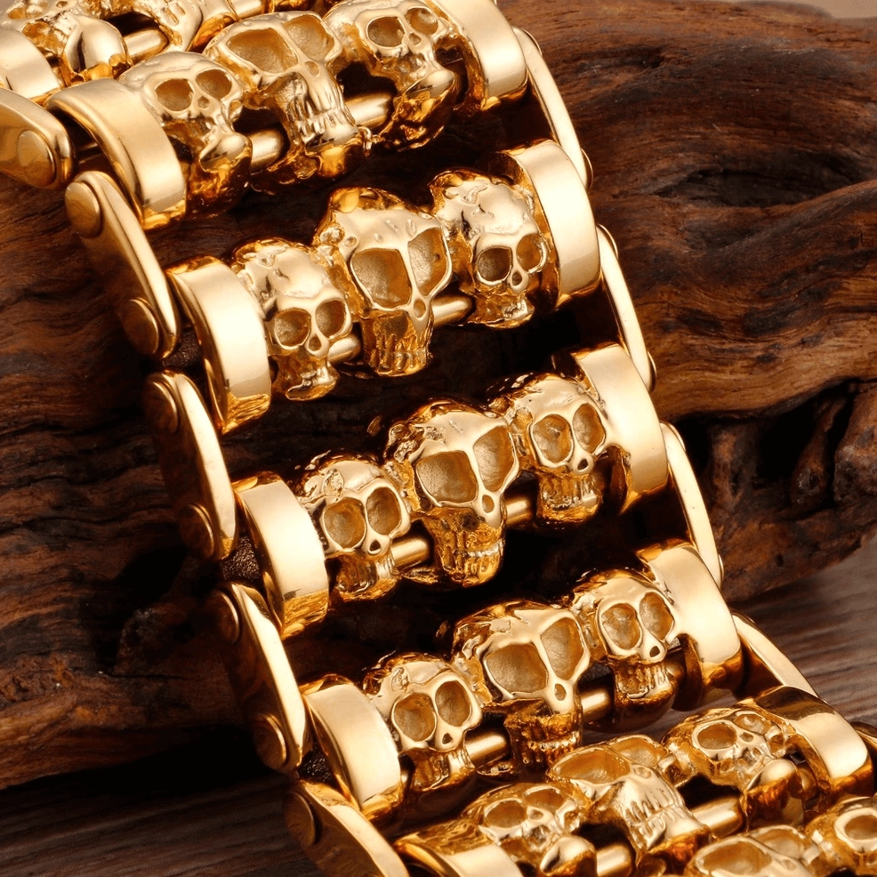 Silver gothic skull chain bracelet with 316L stainless steel construction and secure fold clasp