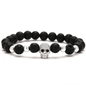 Silver plain metal skull gothic beaded bracelet with black lava stone beads and silver spacers minimalist dark jewelry