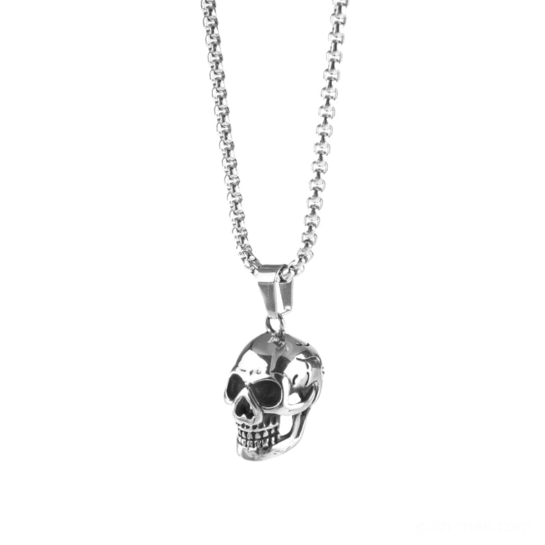 Silver polished skull pendant necklace with stainless steel chain, front facing on white background