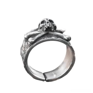 Top-down side view of 999 sterling silver gothic skull ring with hammered texture and aged silver finish