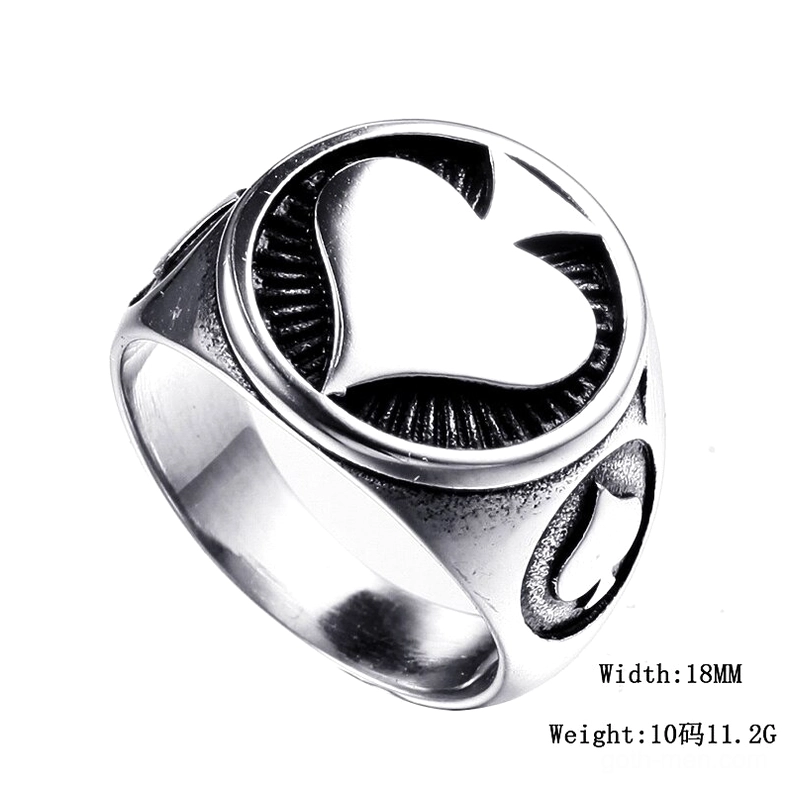 Silver stainless steel gothic spade signet ring size 10, 18mm width, detailed side view