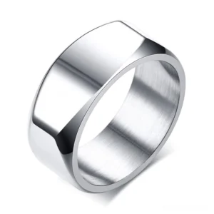 Silver polished stainless steel gothic ring with brushed inner wall and high gloss finish, architectural minimalist design, three-quarter angle