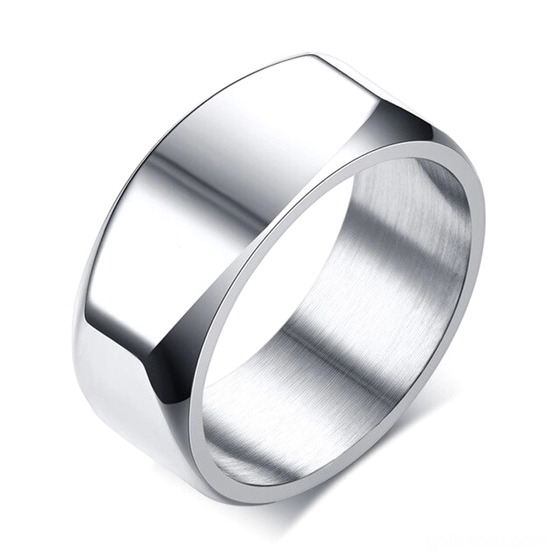 Silver polished stainless steel gothic ring with brushed inner wall and high gloss finish, architectural minimalist design, three-quarter angle