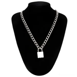 Silver style 1 padlock curb chain necklace worn on black velvet bust form, professional jewelry showcase, gothic unisex pendant