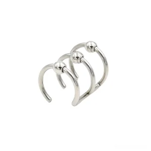 Silver triple hoop body piercing set with polished finish, showing linked C-hoops connected design for gothic style