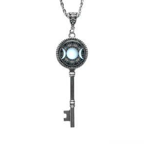 Silver Vintage Triple Moon Key of Solomon Necklace - Antique Silver Tone Occult Talisman with Carved Chain Connector