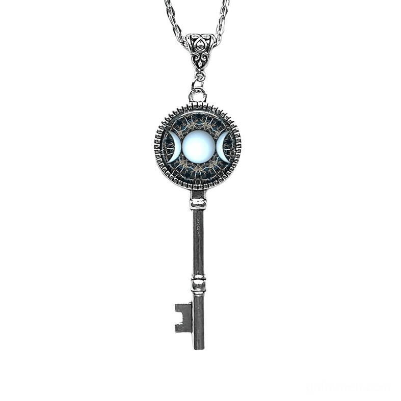 Silver Vintage Triple Moon Key of Solomon Necklace - Antique Silver Tone Occult Talisman with Carved Chain Connector