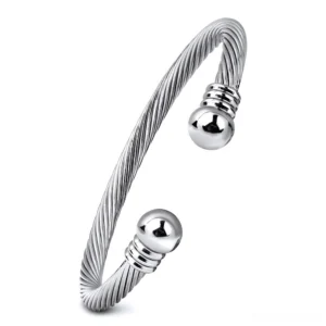 All-silver twisted cable open cuff bracelet with polished spherical end caps, minimalist gothic bangle