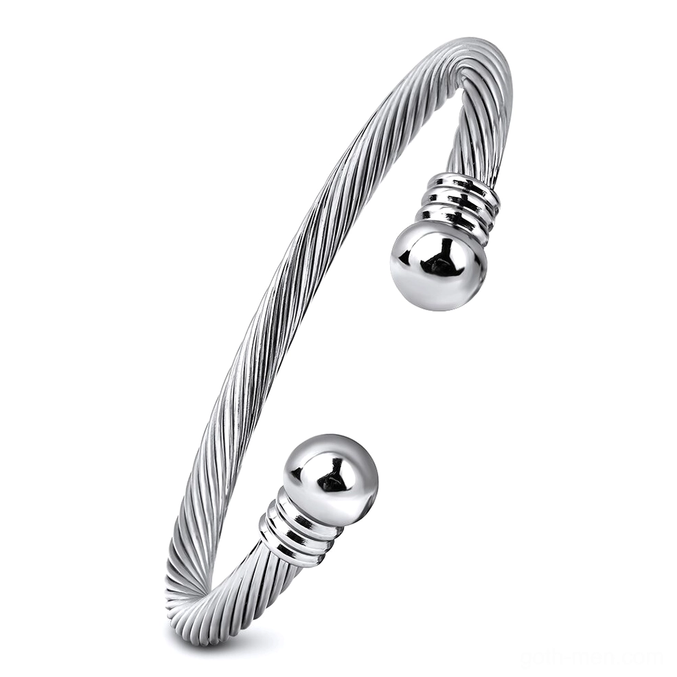All-silver twisted cable open cuff bracelet with polished spherical end caps, minimalist gothic bangle