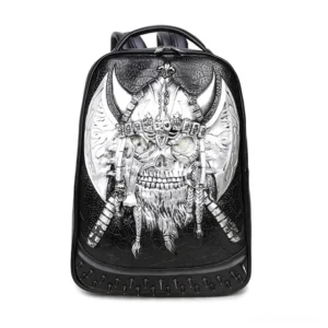 Silver viking skull 3D embossed gothic leather backpack with metal hardware detail