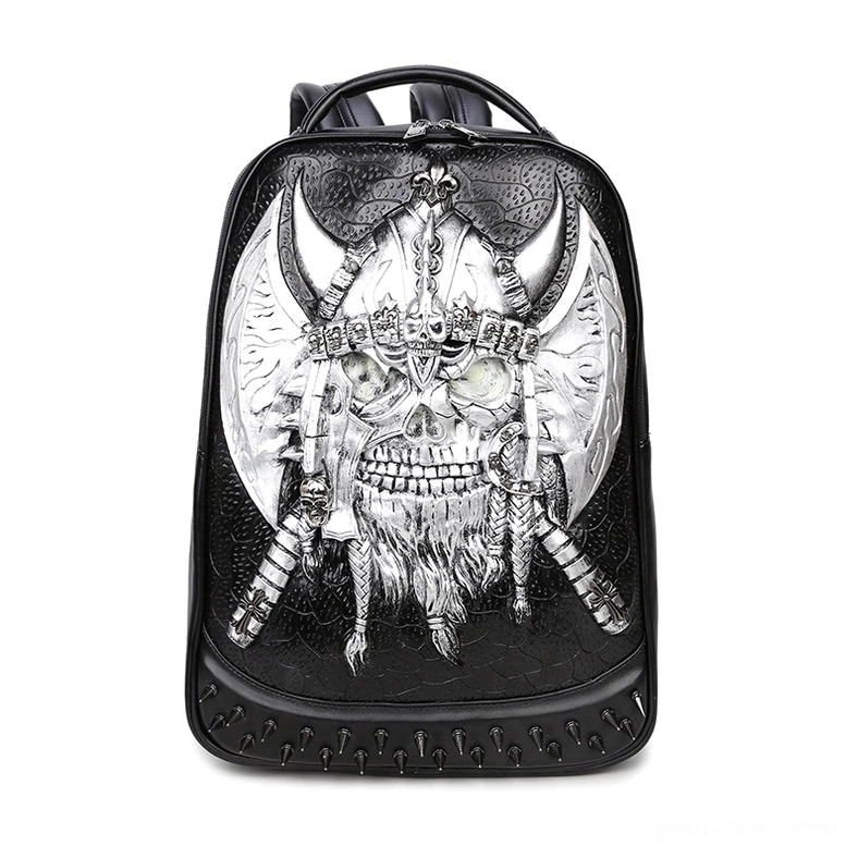 Silver viking skull 3D embossed gothic leather backpack with metal hardware detail